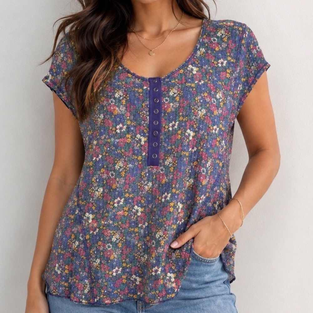 Natural Life Floral Henley Top XL Boho Cottagecore Rayon Blend Short Sleeve